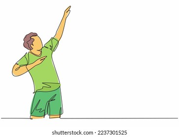 Single continuous line drawing of young male sporty football player raises his hands up to the sky on the field. Match soccer goal celebration concept one line draw design vector illustration