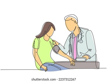 Single continuous line drawing of young male doctor examining young woman patient pulse rate and blood pressure using tensiometer. Medical treatment concept one line draw design vector illustration