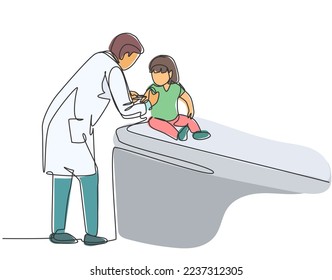 Single continuous line drawing of young male pediatric doctor giving injection to toddler girl patient at hospital. Medical health care treatment concept one line draw design vector illustration