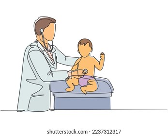 Dibujo de una sola línea continua de un joven médico pediátrico que examina el corazón golpea a un niño pequeño lindo con estetoscopio. Concepto de tratamiento de la atención médica de una línea de dibujo ilustración vectorial