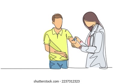 Single continuous line drawing of young female doctor giving vaccine injection to cure sick male patient at hospital. Medical health care treatment concept one line draw design vector illustration