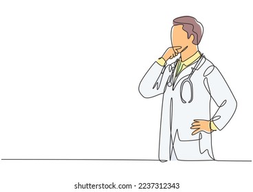 Single continuous line drawing of young smart male doctor pensive and thinking new solution to cure covid coronavirus sick patient. Medical innovation concept one line draw design vector illustration