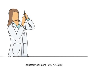 Single continuous line drawing of young female doctor testing syringe injection work properly to inject covid 19 vaccine to patient. Medical healthcare concept one line draw design vector illustration