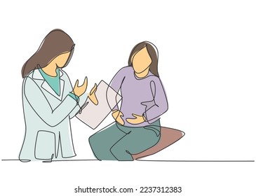 Single continuous single line drawing of young female doctor examining patient who complain about condition of her stomach at hospital. Medical checkup concept one line draw design vector illustration