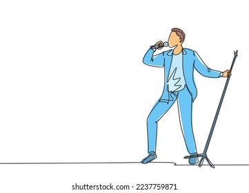 Single continuous line drawing of young happy male pop singer holding microphone and singing on music festival stage. Musician artist performance concept one line draw design vector illustration