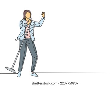 Single continuous line drawing of young happy lady rocker singer singing on concert stage. Modern musician artist performance concept one line draw design vector graphic illustration