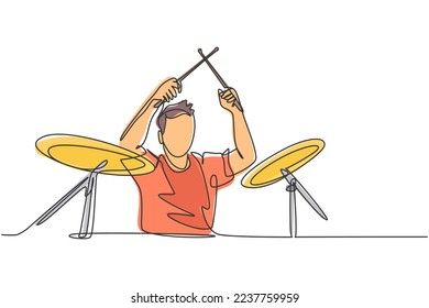 Single continuous line drawing of young happy male drummer performing to play drum on music concert stage. Musician artist performance concept one line draw design vector graphic illustration