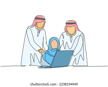 Single continuous line drawing of young happy muslim workers watching business training video on laptop. Arab middle east cloth shmagh, hijab, thawb, robe. One line draw design vector illustration