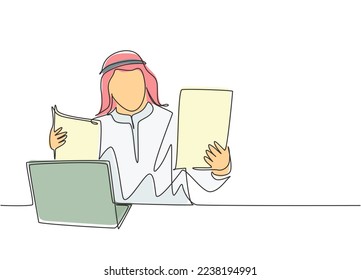 Single continuous line drawing of young male muslim businessman reading contract agreement from colleague. Arab middle east cloth shmagh, kandura, thawb, robe. One line draw design vector illustration