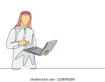 Single continuous line drawing of young muslim businessman holding laptop on his hand and give thumbs up gesture. Arab middle east cloth kandura, thawb, robe. One line draw design vector illustration