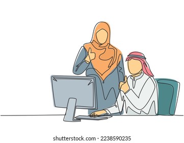 Single continuous line drawing of young muslim male and female employees give thumbs up gestures. Arab middle east cloth shmagh, kandura, thawb, robe. One line draw design vector illustration