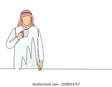 Single continuous line drawing of young muslim businessmen holding a cup of coffee while walking on office. Arab middle east cloth shmagh, kandura, thawb, robe. One line draw design illustration
