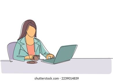 Single continuous line drawing of young businesswoman typing business ideas draft on laptop while holding a cup coffee at office. Drinking tea concept one line draw graphic vector design illustration