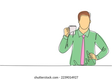 Single continuous line drawing of young happy office employee holding a mug of best fresh taste cappuccino coffee. Drinking coffee or tea concept one line draw cartoon design vector illustration