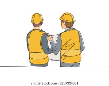 Single continuous line drawing of young company manager presenting proposal construction plan to the investor. Building architecture business concept. One line draw vector graphic design illustration