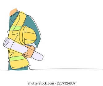 Single continuous line drawing of young architect holding helmet and blueprint roll paper. Building architecture business concept. One line draw design illustration vector graphic