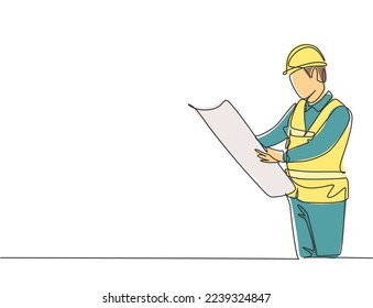 Single continuous line drawing of young attractive architect checking sketch building architecture blueprint. House maintenance service concept one line draw design vector graphic illustration