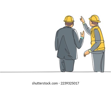 Single continuous line drawing of young foreman construction builder meeting with business owner talking building facility. Building architecture business concept. One line draw design illustration