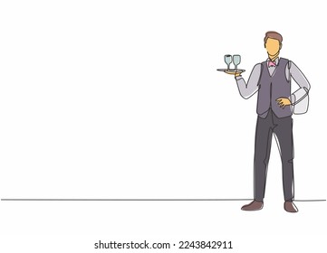 Single continuous line drawing young male waiter pose standing while bringing tray and glass  Professional work job occupation  Minimalism concept one line draw graphic design vector illustration