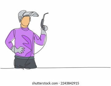 Dibujo de una sola línea continua de soldador masculino joven con máscara y máquina de soldadura. Ocupación laboral profesional. Concepto minimalista dibujo de una línea diseño gráfico ilustración vectorial