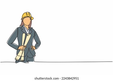 Dibujo de una sola línea continua de una joven y hermosa arquitecta vestida con traje que se toma de la mano en la cadera. Ocupación laboral profesional. Concepto minimalista dibujo de una línea diseño gráfico ilustración vectorial