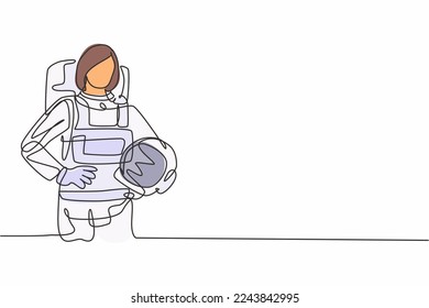 Single continuous line drawing of young beautiful female astronaut holding hands on hip. Professional work job occupation. Minimalism concept one line draw graphic design vector illustration