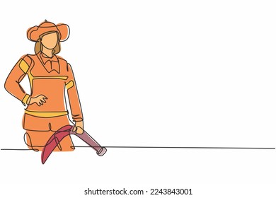 Single continuous line drawing of young beauty brave female firefighter holding hands on hip. Professional work job occupation. Minimalism concept one line draw graphic design vector illustration