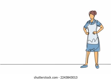 Single continuous line drawing young beauty female hotel maid standing and holding hands on hip. Professional work job occupation. Minimalism concept one line draw graphic design vector illustration