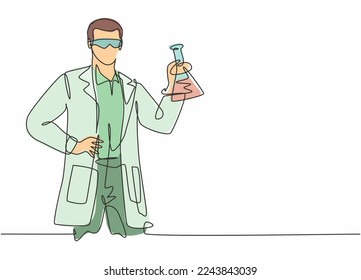 Dibujo de línea continua de jóvenes científicos varones trabajando en laboratorio para encontrar la vacuna contra la gripe. Ocupación laboral profesional. Concepto minimalista dibujo de una línea diseño gráfico ilustración vectorial