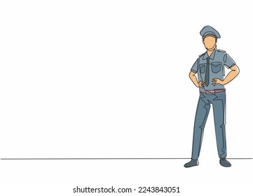 Single continuous line drawing of young male captain pilot wearing uniform and pose standing. Professional work job occupation. Minimalism concept one line draw graphic design vector illustration