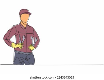 Single continuous line drawing of young man mechanic holding wrench set at car workshop garage. Professional work job occupation. Minimalism concept one line draw graphic design vector illustration