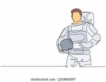 Single continuous line drawing of young male astronaut holding helmet. Professional work job occupation. Minimalism concept one line draw graphic design vector illustration