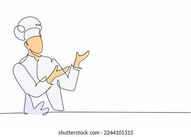 Single continuous line drawing of young friendly man chef in uniform pose serving menu at screen display. Online food restaurant banner concept one line drawing design vector graphic illustration