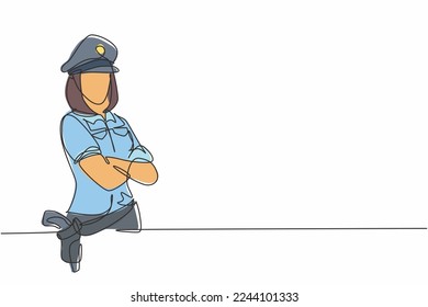 Single continuous line drawing of young beauty police woman in uniform posing cross arms on chest. Professional work job occupation. Minimalism concept one line draw graphic design vector illustration