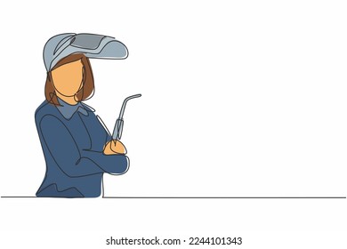 Single continuous line drawing of young female welder wearing mask posing cross arms on chest. Professional work job occupation. Minimalism concept one line draw graphic design vector illustration