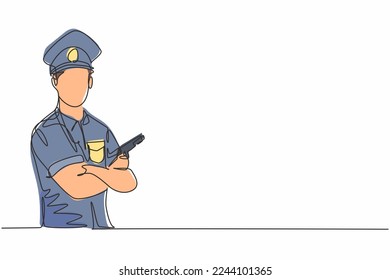 Single continuous line drawing of young police man posing cross arm on chest while holding gun. Professional work job occupation. Minimalism concept one line draw graphic design vector illustration