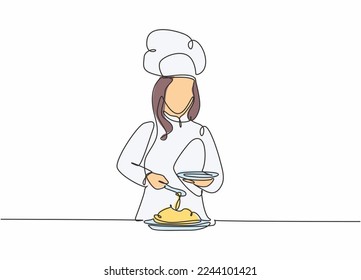 Single continuous line drawing of young happy female chef pouring sauce on main dish to serve to customer. Preparing healthy food concept one line drawing design vector minimalism illustration