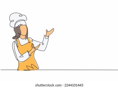 Single continuous line drawing of young friendly woman chef in uniform pose serving menu at screen display. Online food restaurant banner concept one line drawing design vector graphic illustration
