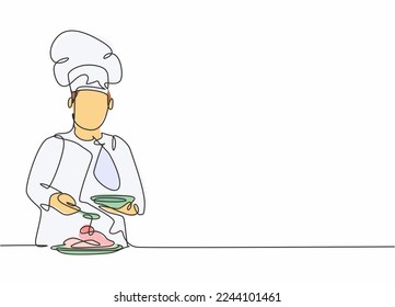 Single continuous line drawing of young happy male chef pouring sauce on main dish to serve to customer. Preparing healthy food concept one line drawing design vector minimalism illustration