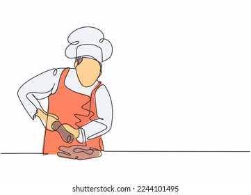 Single continuous line drawing of young happy male chef sparkling salt paper seasoning into meal dish. Preparing organic food for catering concept one line drawing design vector graphic illustration