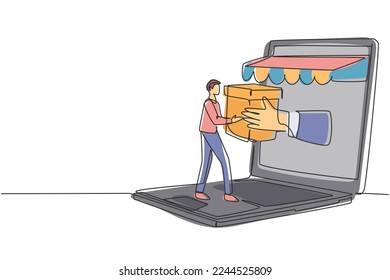 Single continuous line drawing young man receives package box from large canopy laptop screen and hands it over. Digital delivery concept. Dynamic one line draw graphic design vector illustration