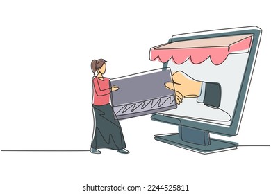 Single continuous line drawing young female inserting credit card into canopy monitor screen and accepted by hand. Digital payment concept. Dynamic one line draw graphic design vector illustration