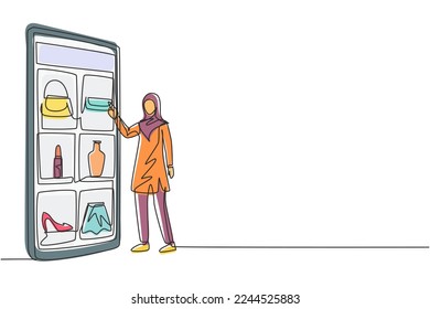 Single continuous line drawing young Arab woman choosing shopping items on a giant smartphone screen. Digital lifestyle with gadgets concept. Dynamic one line draw graphic design vector illustration