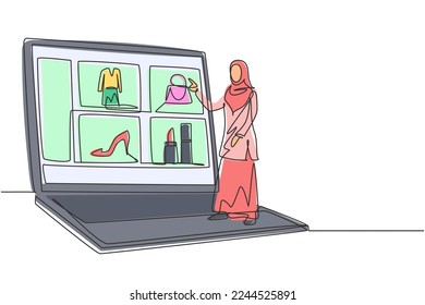 Single continuous line drawing young Arabian woman choosing shopping items on a giant laptop screen. Digital lifestyle with gadgets concept. Dynamic one line draw graphic design vector illustration