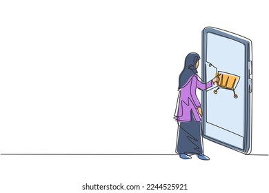 Una sola línea continua dibujando a las jóvenes árabes comprando a través de la pantalla del smartphone con carro de la compra. E-commerce, concepto de estilo de vida digital. ilustración vectorial de diseño gráfico de una línea dinámica