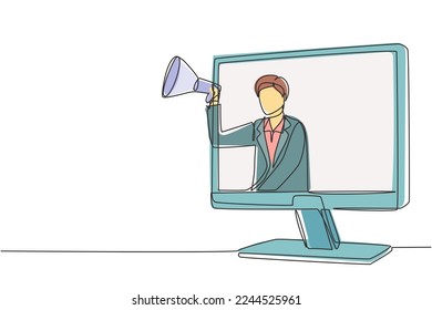 Single continuous line drawing young man coming out of monitor screen holding megaphone. Offering product with discounts or sale. Marketing concept. One line draw graphic design vector illustration