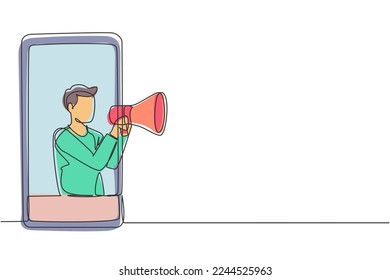 Single continuous line drawing young man coming out of smartphone screen holding megaphone. Offering product with discounts or sale concept. Dynamic one line draw graphic design vector illustration