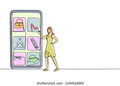 Single continuous line drawing young woman choosing shopping items on a giant smartphone screen. Digital lifestyle with internet and gadgets. Dynamic one line draw graphic design vector illustration