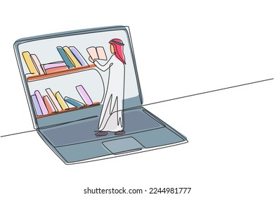 Single continuous line drawing young Arab male college student reading book while standing in front of laptop screen with bookshelf on screen. Dynamic one line draw graphic design vector illustration