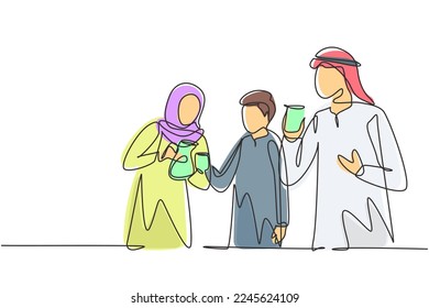 Single continuous line drawing young Arab family celebrate togetherness and holiday by drinking hot tea. Relaxing and refresh moment in life. Dynamic one line draw graphic design vector illustration